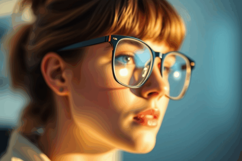 Woman wearing glasses with visible glare obscuring her eyes, illustrating lens reflections thatdistract during video interviews.