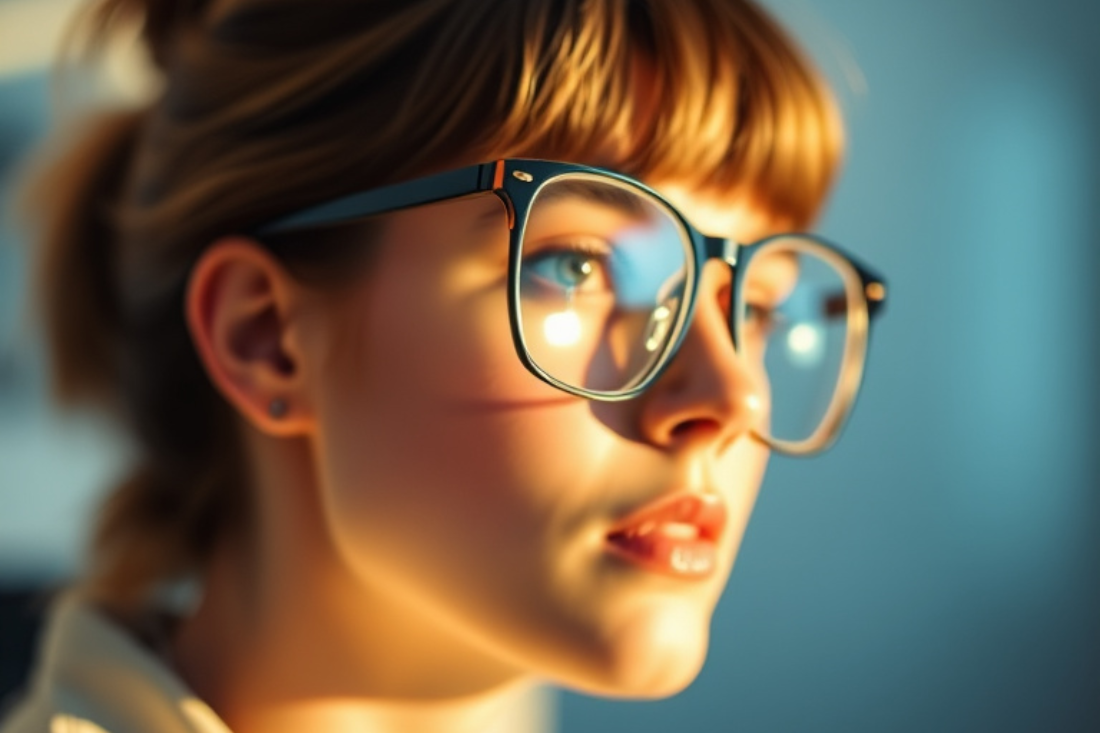 Woman wearing glasses with visible glare obscuring her eyes, illustrating lens reflections thatdistract during video interviews.