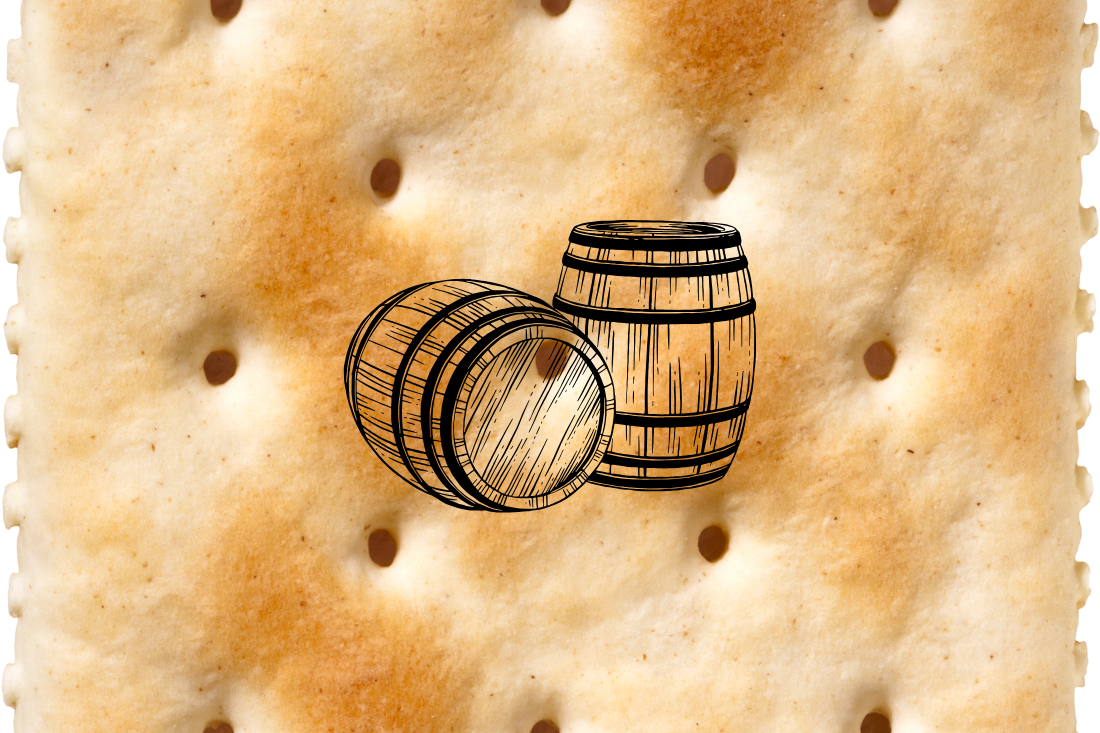 Two barrels placed over a background of a cracker, referencing the Cracker Barrel brand and recent logo change controversy.