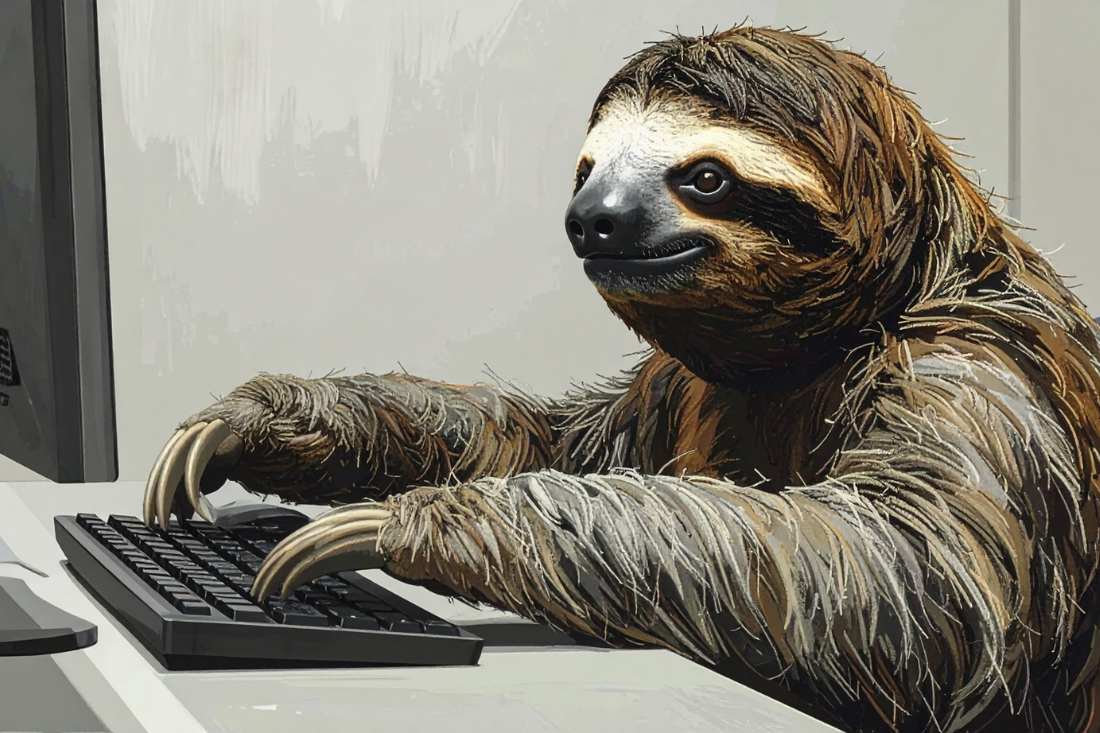 A sloth types on a keyboard to represent boring marketing.